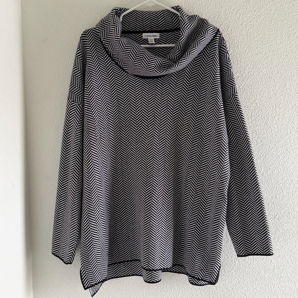 Calvin Klein Womens Black White Chevron Cowl Neck Tunic Pullover Sweater Size XL